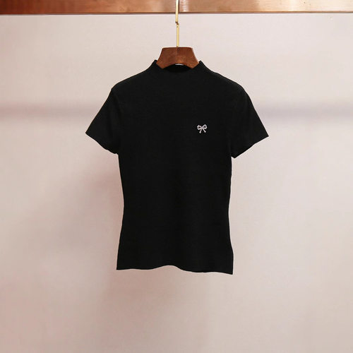 衣莉卓雅23夏季新款针织衫简约半高领蝴蝶结黑色短袖修身显瘦上衣