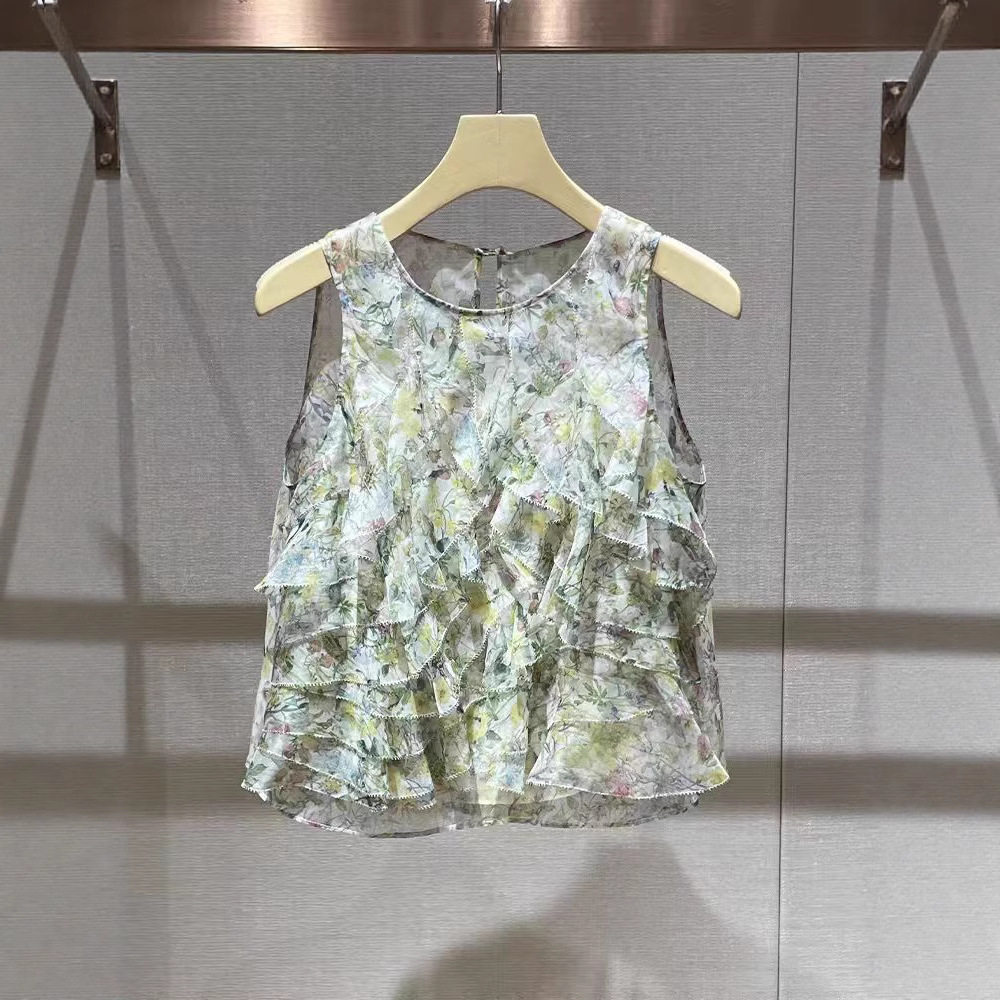 无袖花卉上衣2025夏新款度假风碎花荷叶边小个子法式减龄甜美背心