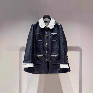 深圳南油高端女装2025秋新款复古花朵蕾丝时尚钉珠装饰PU皮长外套