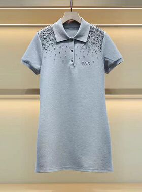漂亮独特连衣裙JOOVA2025夏季新款翻领短袖钉珠字母绣花灰色裙子