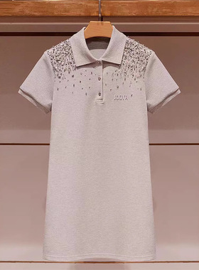 漂亮独特连衣裙JOOVA2025夏季新款翻领短袖钉珠字母绣花灰色裙子