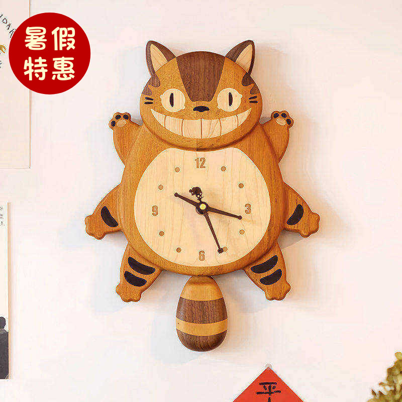 龙猫巴士挂钟原实木质摆钟可爱客厅儿童房装饰ins奶油风创意时钟
