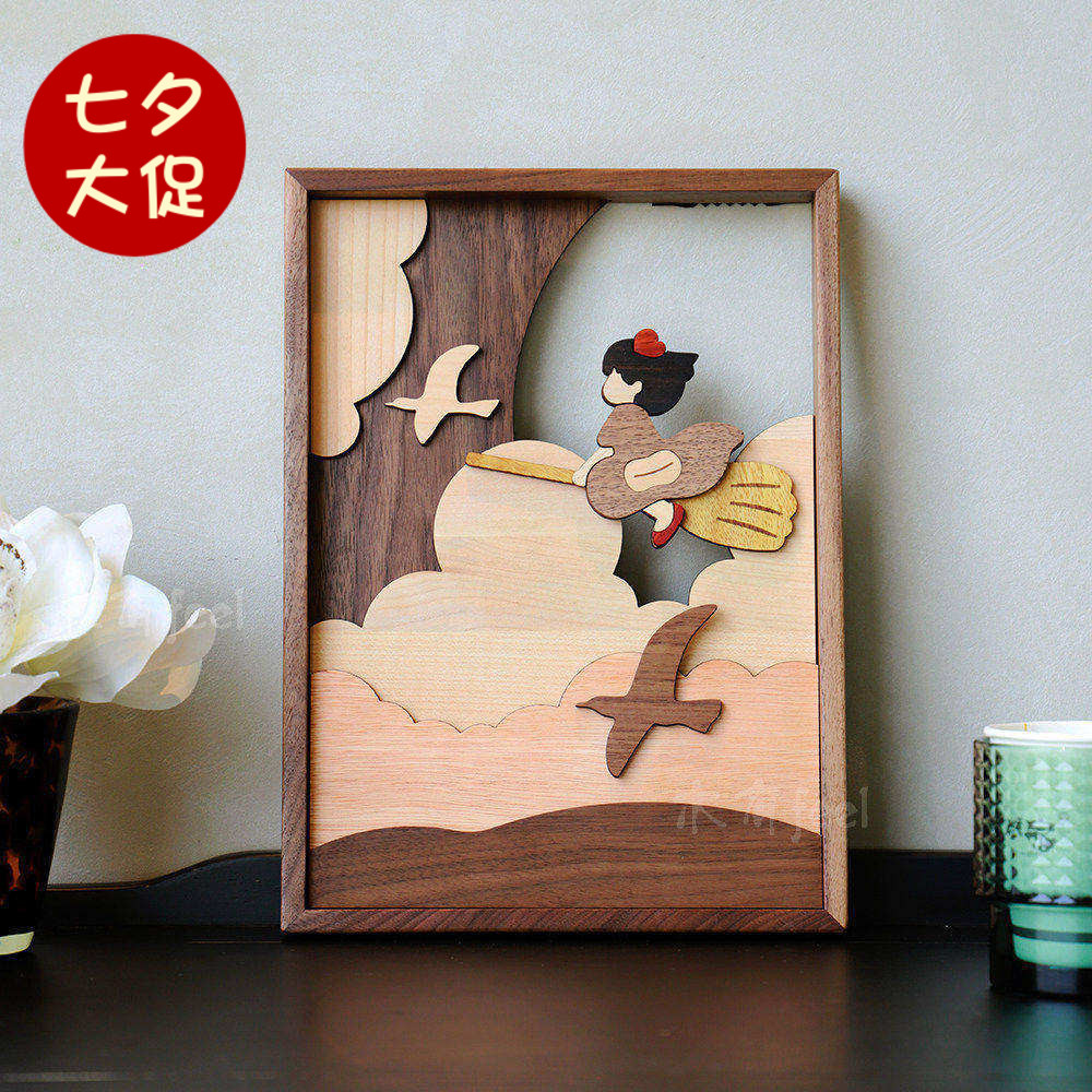 可爱小魔女木拼画中古风装饰挂画
