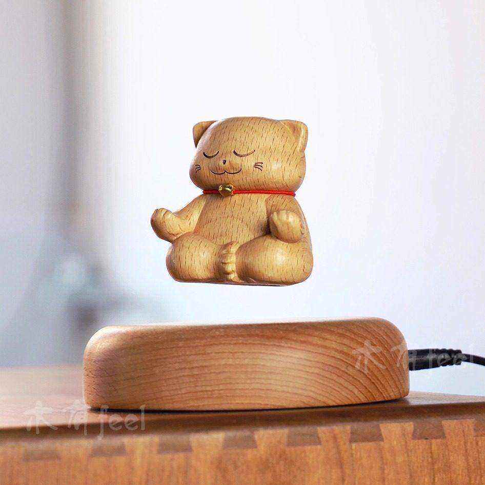 会飞的旋转招财猫磁悬浮动态桌面摆件实木质创意高级开业搬家礼物