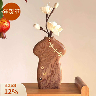 旗袍花瓶原木国风花器花插摆件新中式实木质桌面装饰香薰新家礼物