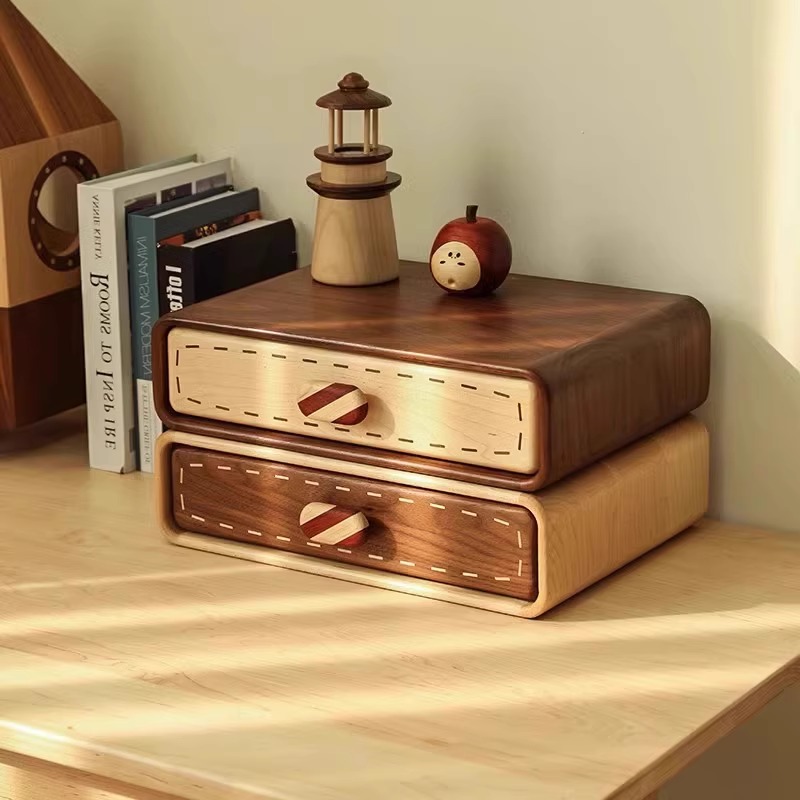 黑胡桃木双层糖果抽屉柜文件收纳首饰盒桌面家用原实木质可爱高档