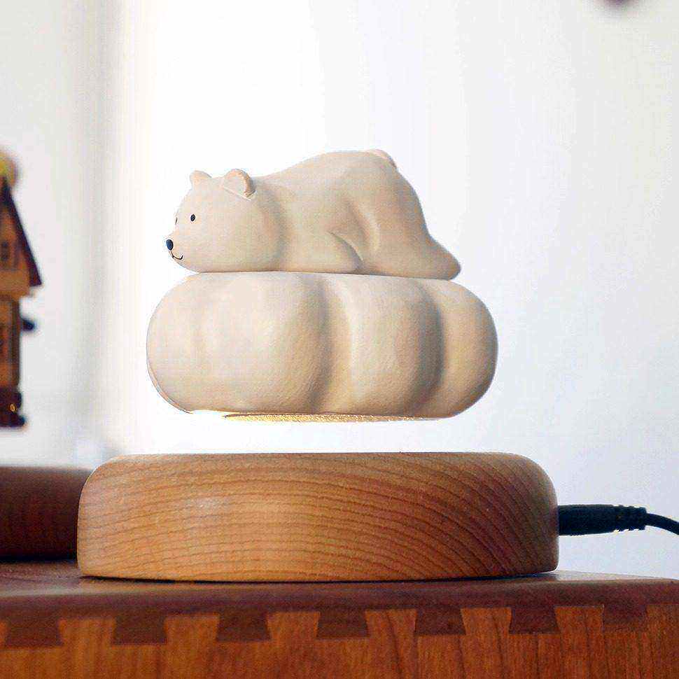 磁悬浮白云朵小北极熊会飞的实木雕刻潮玩摆件高级旋转展示台礼物