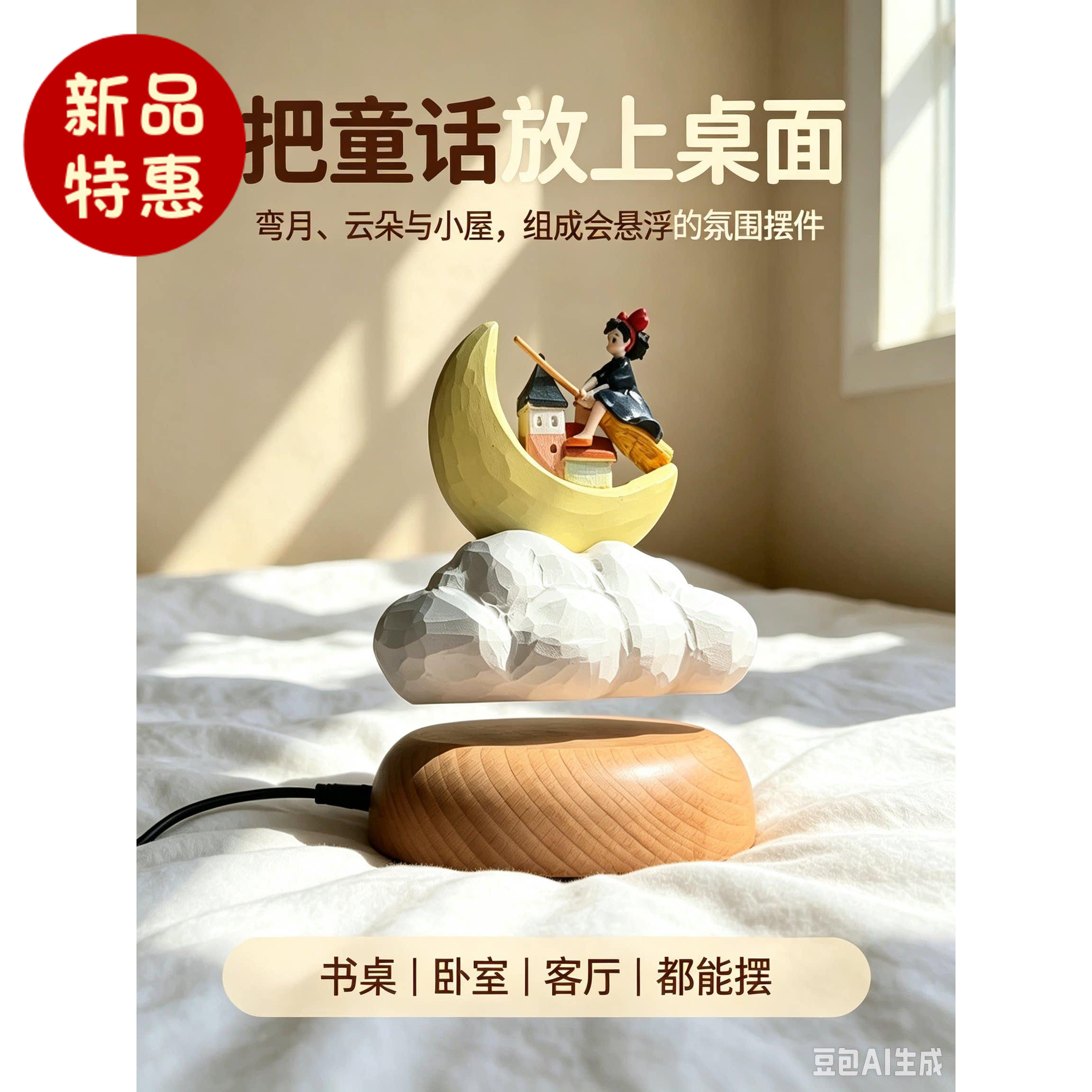 磁悬浮月亮城小魔女创意桌面治愈动态摆件可爱手工木雕送女生礼物