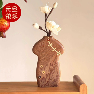旗袍花瓶原木国风花器花插摆件新中式 饰香薰新家礼物 实木质桌面装