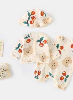 婴儿衣服夏季薄款宝宝纱布无袖哈衣空调服三件套新生儿连体衣外出