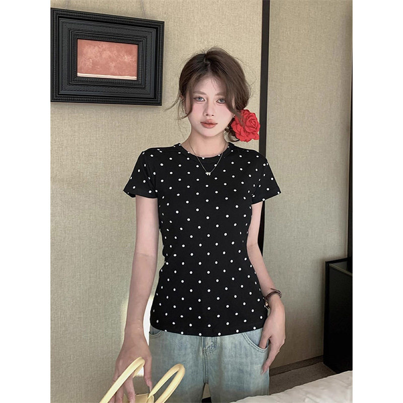夏季波点短袖圆领修身显瘦T恤女
