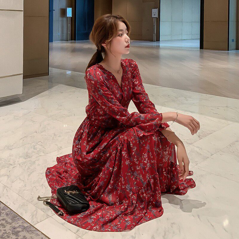 春秋冬碎花V领收腰显瘦连衣裙女