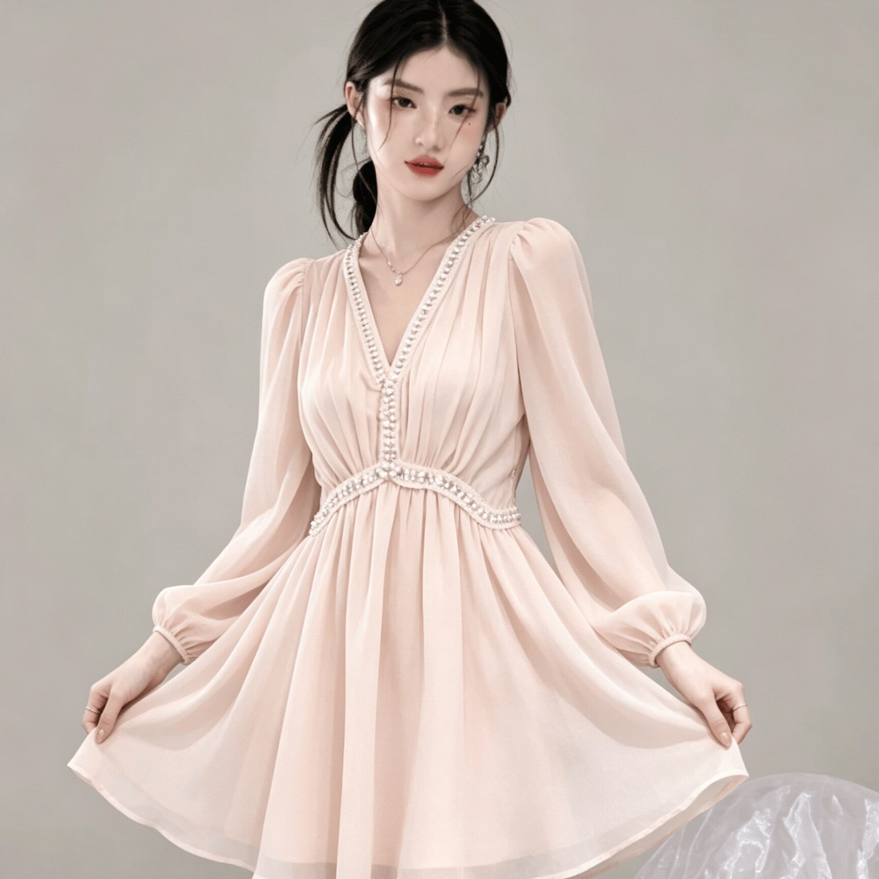 秋季纯欲显瘦法式V领A字连衣裙女