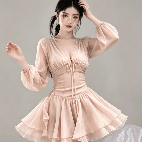 纯欲V领灯笼袖收腰显瘦连衣裙女