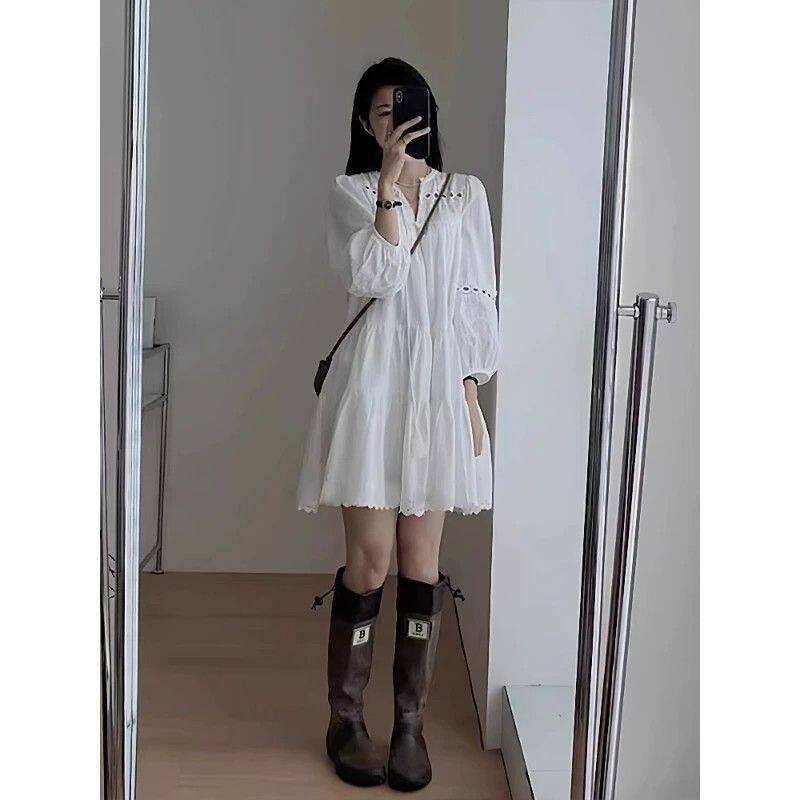 秋季法式小个子V领衬衫连衣裙女