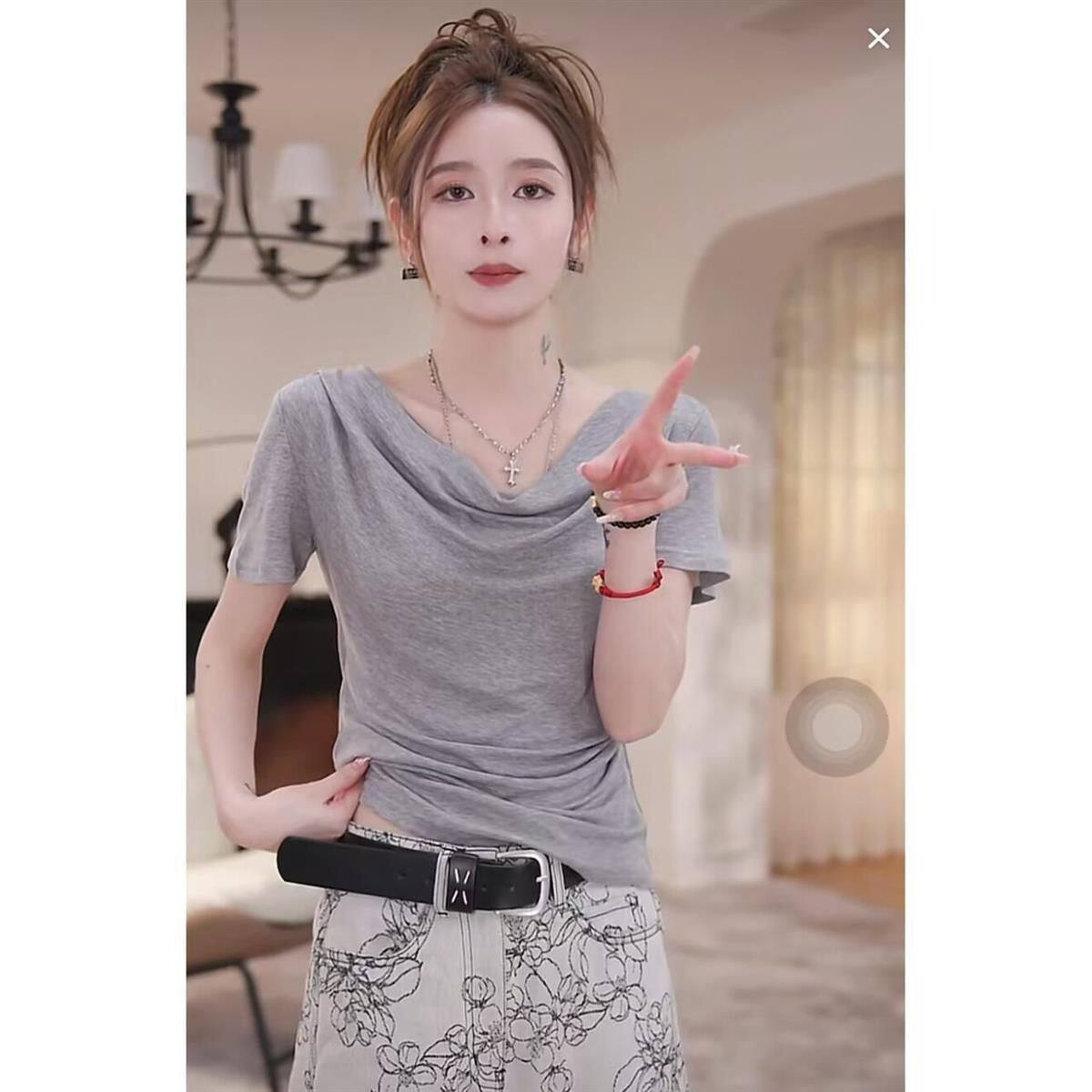 夏季新款荡领蕾丝镂空修身T恤女