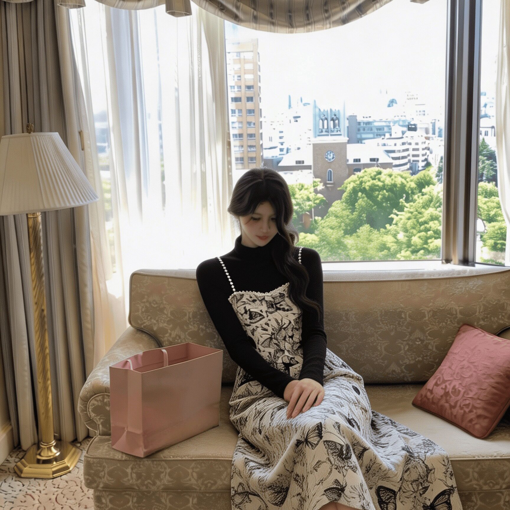 春秋新款吊带方领显瘦碎花连衣裙