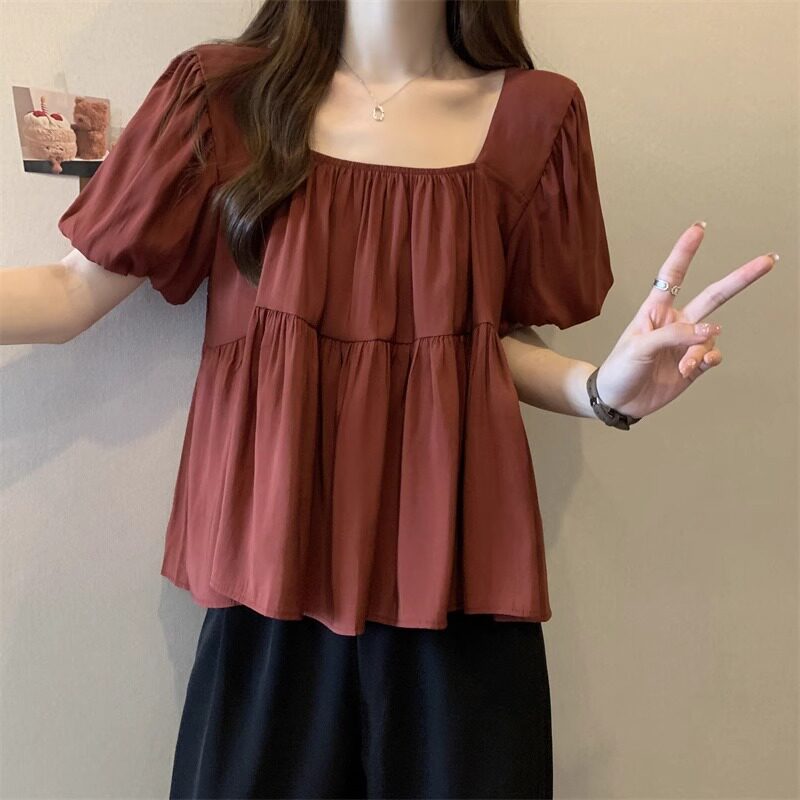 夏季新款韩版甜美气质简约宽松通勤短袖方领泡泡袖遮肉大码衬衫女
