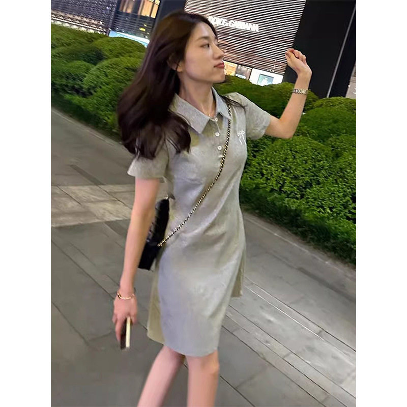 韩版全棉POLO领针织短袖连衣裙女