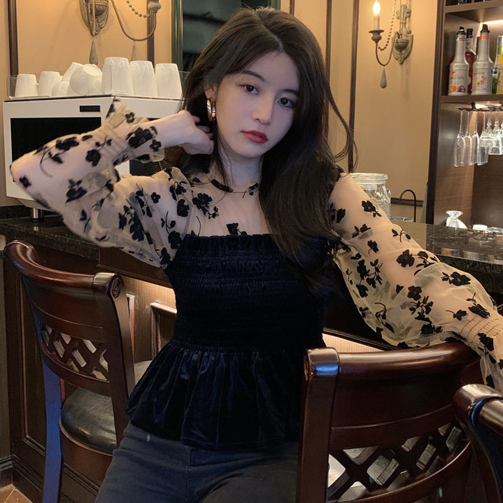 法式金丝绒拼接港风秋冬女衬衫