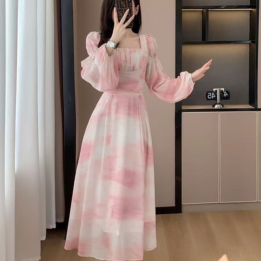 春秋法式粉色印花雪纺公主长裙女