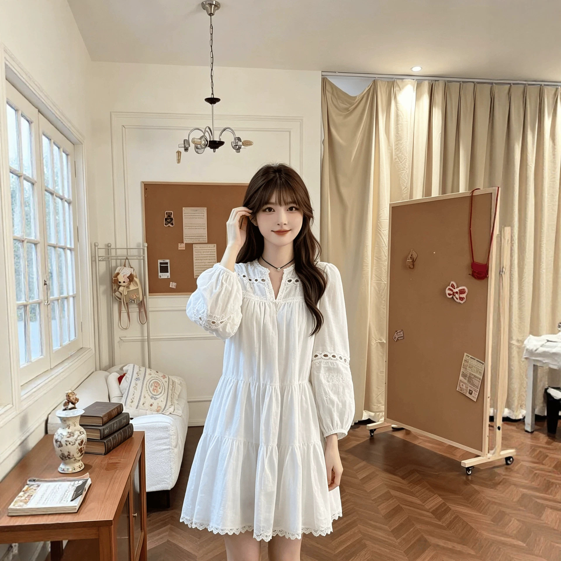 秋季法式小个子V领刺绣连衣裙女