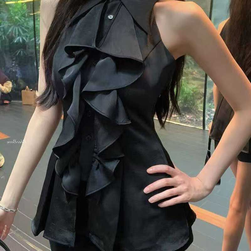 2026夏季新款荷叶边无袖衬衫上衣女法式气质中长款收腰修身衬衣