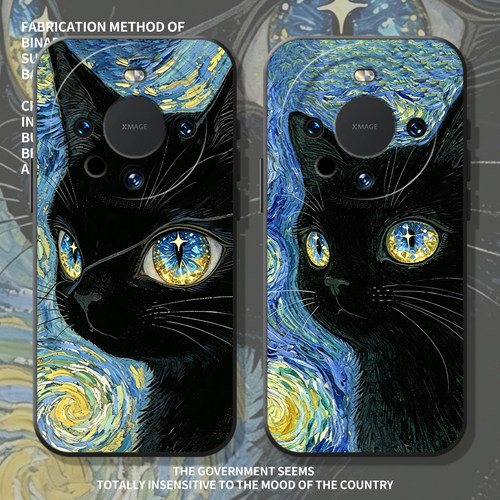 星空黑猫油画风猫咪梵高手机壳