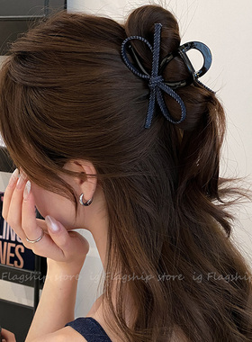 韩国简约牛仔蝴蝶结抓夹女2025新款后脑勺盘发高级发夹鲨鱼夹发饰