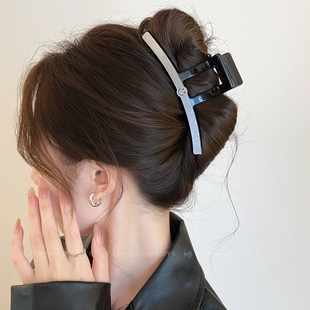 轻奢高级感亮银金属条笑脸发夹女大号发量多盘发抓夹气质鲨鱼夹子