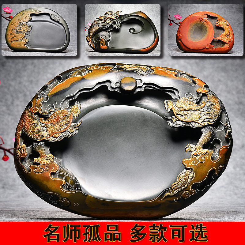 匠心非遗孤品歙砚名师手工雕刻《中华龙》浮雕四大名砚台文房四宝书法用品端砚天然老坑原石高档收藏送礼佳品