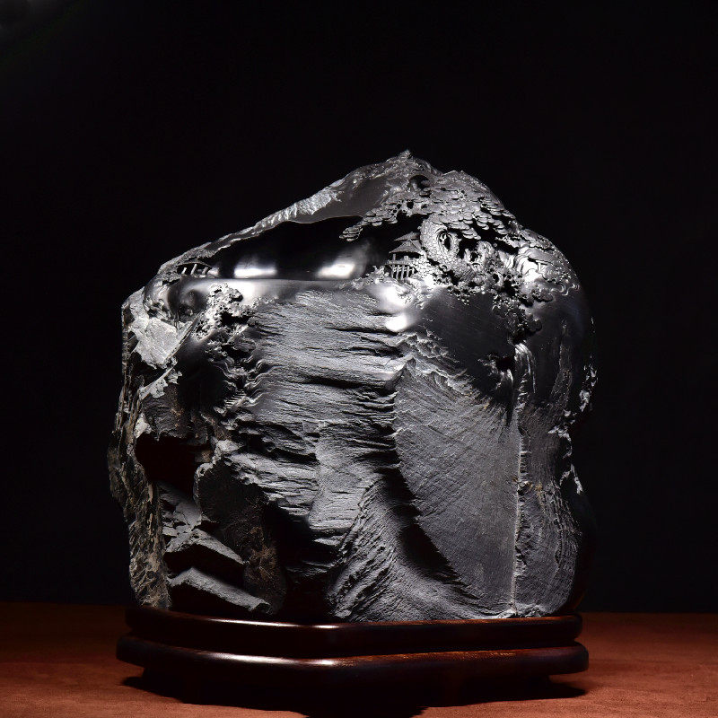 联星 歙砚工艺美术大师作品《溪山松景》立体浮雕文房龙尾山籽料巧雕