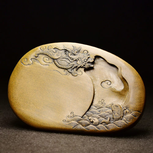 名师方荣精品歙砚作品《鲤越化龙》天然原石老坑黄鱼籽砚台手工雕刻非端砚洮河四大名砚文房四宝收藏送礼