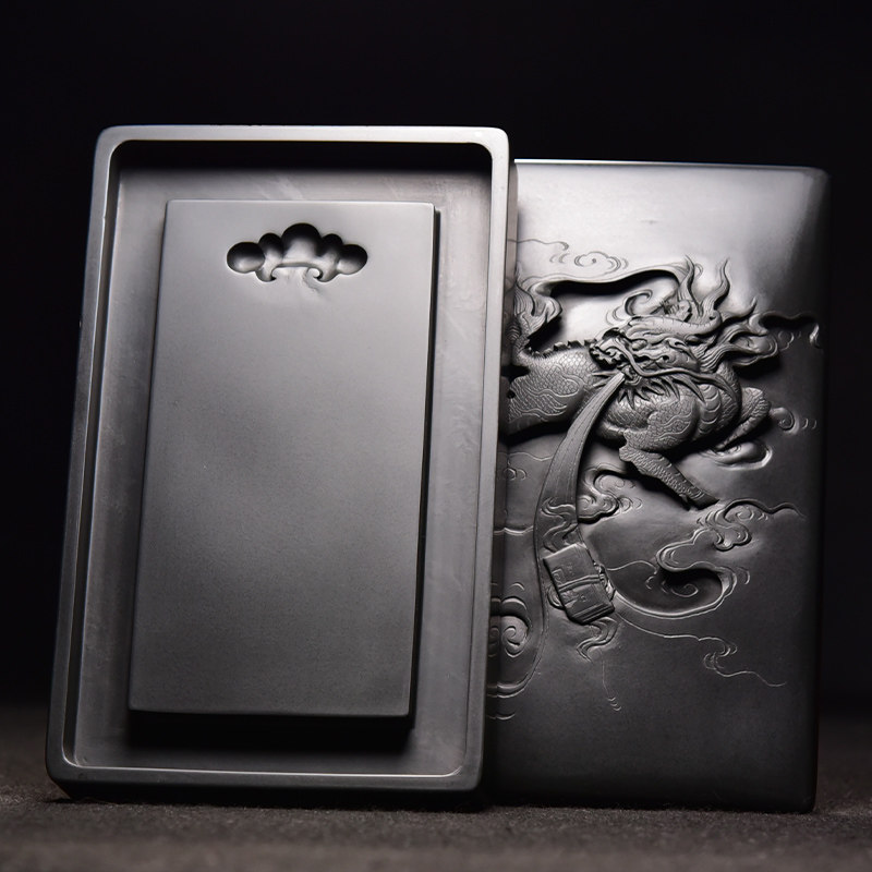 非遗歙砚精品带盖文房砚雕名家手工雕刻作品麒麟祥瑞经典仿古砚形老坑龙尾砚原石文房四宝歙砚素池收藏礼品