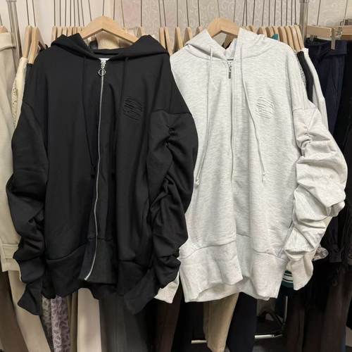 精品日单贵牌ME*Y女士纯棉拉链连帽泡泡袖时尚潮流长袖外套风帽衫
