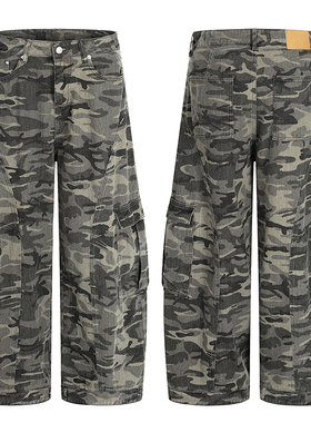 美式复古多口袋弯刀工装迷彩裤男女宽松显瘦设计感镰刀休闲长裤子