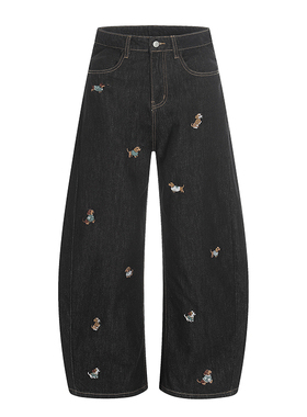 美式复古小狗刺绣镰刀牛仔裤男女新款宽松百搭显瘦阔腿弯刀长裤子