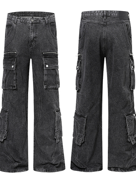 美式复古水洗多口袋黑色牛仔工装裤男女宽松cleanfit百搭直筒裤子