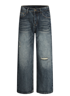 美式复古破洞阔腿牛仔裤男女痞帅宽松休闲显瘦cleanfit直筒长裤子