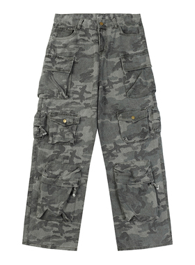 美式复古多口袋做旧暗纹迷彩工装牛仔裤男女宽松休闲阔腿直筒裤子