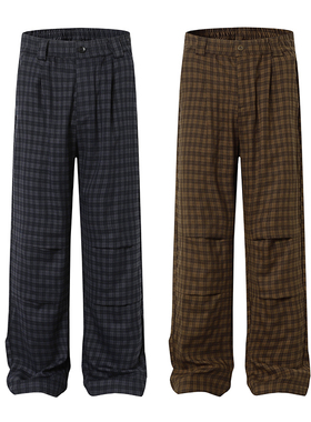 美式复古慵懒风垂感褶皱格休闲裤男女款夏季宽松休闲直筒裤伞兵裤