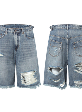 美式复古巴家新款破洞毛边牛仔裤男宽松直筒阔腿五分裤休闲短裤潮