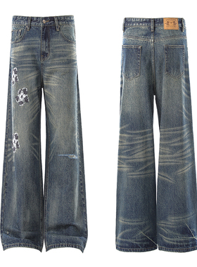 美式复古水洗做旧赤耳花卉刺绣猫须直筒牛仔裤男女宽松休闲阔腿裤