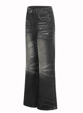 美式复古高街猫须微喇牛仔裤男女高级感磨边显高百搭宽松阔腿裤子