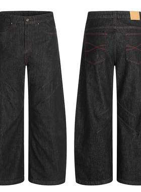 美式复古原牛A字阔腿黑色牛仔裤cleanfit宽松休闲痞帅高街直筒裤