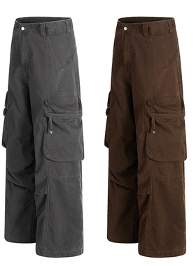 美式复古褶皱多口袋工装裤男女宽松休闲百搭设计感直筒阔腿长裤子