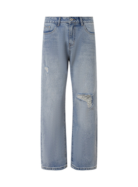 美式复古水洗破洞割破牛仔裤男女宽松休闲时尚直筒微喇vibe长裤子