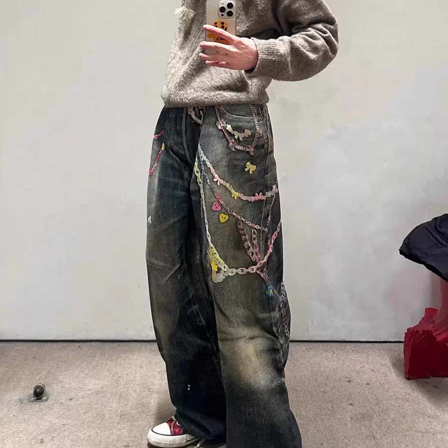 美式复古水洗做旧链条印花牛仔裤