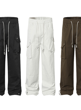 美式复古多口袋直筒工装休闲裤男cleanfit高级感机能抽绳阔腿裤子