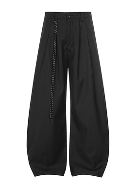 美式复古双褶皱弯刀直筒西裤男女宽松休闲阔腿黑色高级垂感镰刀裤